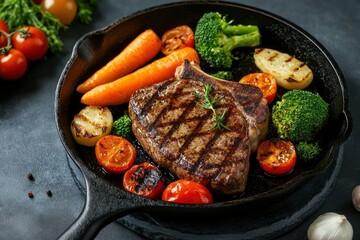 American food concept. Grilled beef steak with grilled vegetables, with carrots, cherry tomatoes, broccoli, in a cast iron pan. copy space , ai