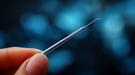 Dental tweezers in hand on blue bokeh background