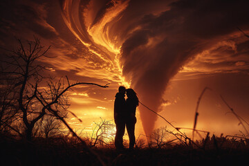 Scary storm day, person in danger under tsunami storm thunderstorm lightning, Generative AI