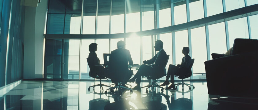Silhouetted figures sit around a meeting table in a high-rise conference room, with sunlight streaming through floor-to-ceiling windows, conveying corporate dynamism.