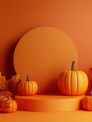 Halloween product mockup background with 3D orange product podium display and pumpkin,3D render illustration with generative aii