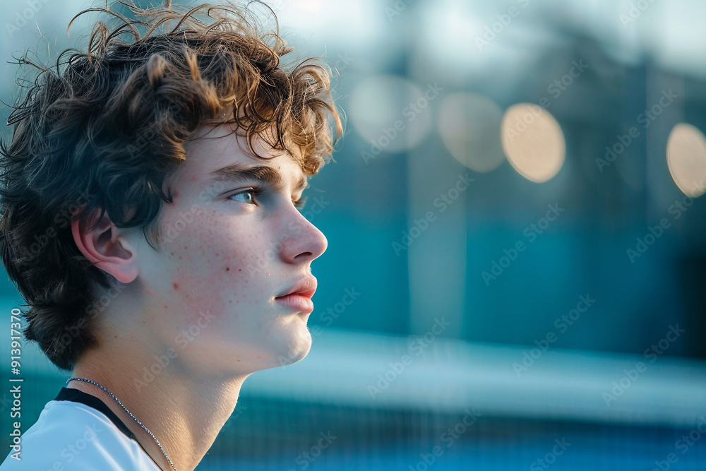 Wall mural Closeup Generative AI portrait of focused sportsman sportswoman at tennis court practicing preparing for contest