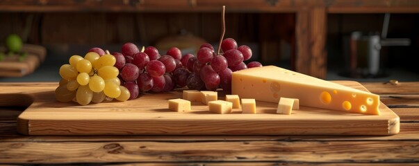 Wooden cutting board with cheese and grapes, 4K hyperrealistic photo