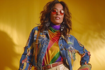 Fototapeta premium Stylish woman wearing sunglasses posing confidently on a yellow background. Concept of urban fashion and lifestyle.