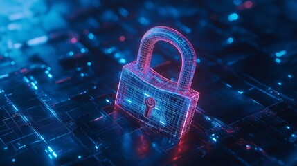 Innovative digital polygonal closed padlock hologram featuring a mock-up location on a blue backdrop. Concept of protection, safety, and security. rendering in three dimensions.
