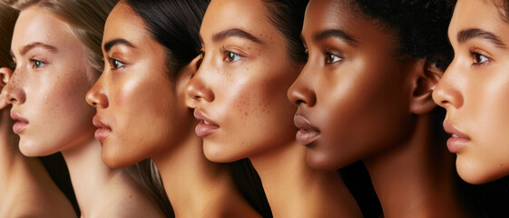 Obraz premium A diverse group of five women with flawless skin in profile view, showcasing beauty, confidence, and unity in diversity on a neutral background.