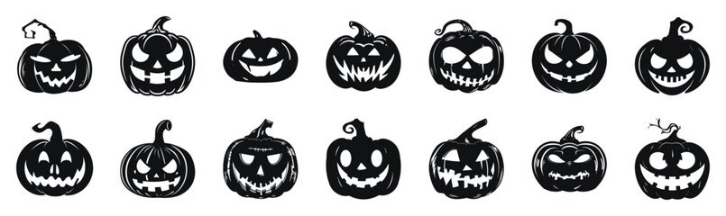 Obraz premium Halloween jack-o-lanterns vector silhouette illustration. Collection of spooky pumpkin faces with various expressions in black and white.