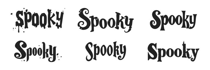 Obraz premium Spooky text vector cartoon illustration. Collection of various Halloween lettering designs with typography in black and white.