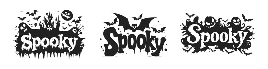 Spooky text vector cartoon illustration. Collection of various Halloween lettering surrounded by bats, ghosts, and haunted house with typography in black and white.