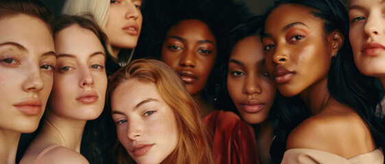 Obraz premium A diverse group of women stands closely together, each with a unique expression, showcasing beauty in unity and individuality.