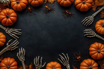 Halloween scary decorations concept. Top panoramic view photo of skeleton hands pumpkins eyes centipedes and spiders on isolated black background with copy-space with generative ai
