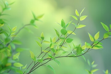 Obraz premium A tree branch with green leaves and a blue sky background