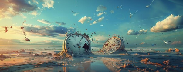 Surreal landscape with melting clocks and distorted objects, 4K hyperrealistic photo