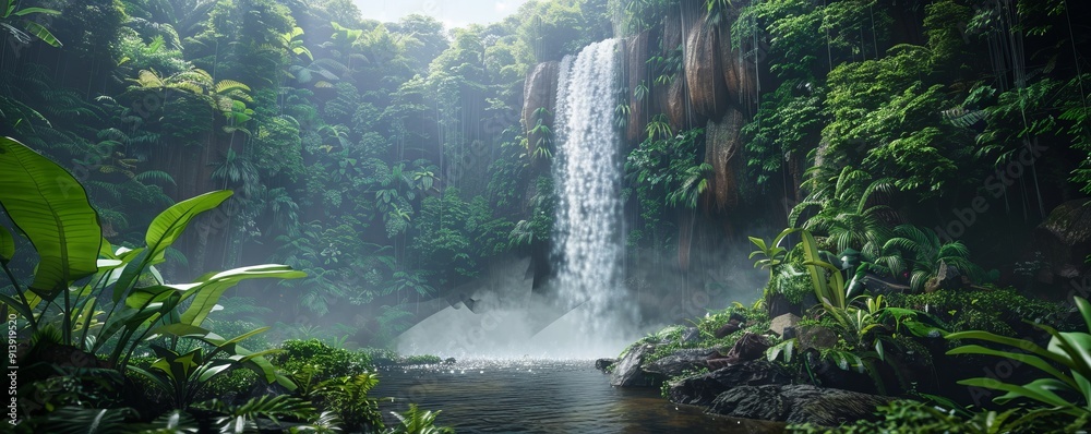 Poster Stunning waterfall in a tropical rainforest, 4K hyperrealistic photo