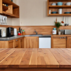 Wooden table top on defocused kitchen background.