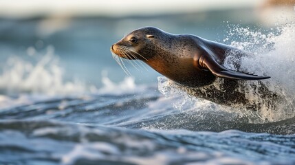 Obraz premium A sea lion frolics in the ocean, jumping out of the water and creating splashes