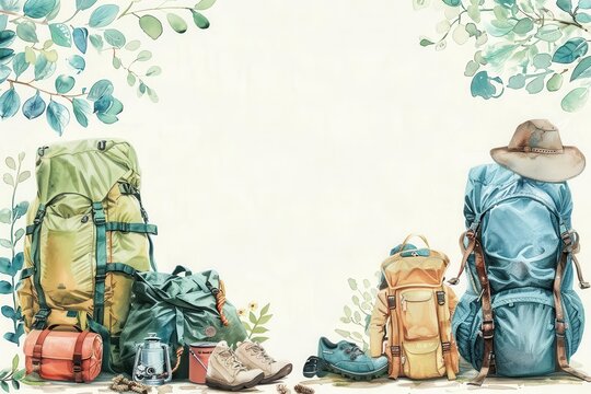 Family exploring outdoor gear, camping section, adventurous style, natural tones, watercolor, empty space at top for promotion