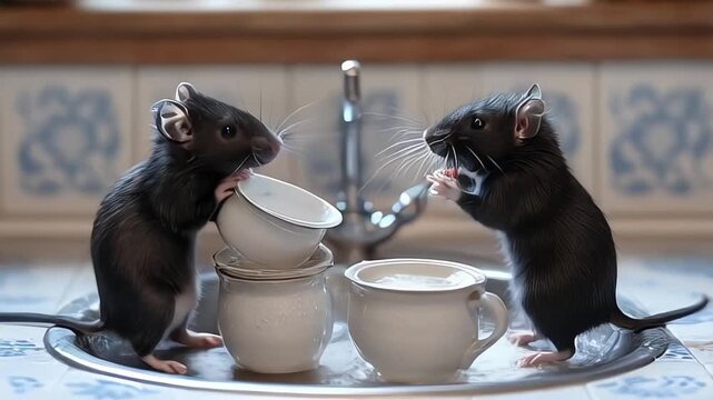 Black rats, dirty white plates and cups on a sink in an apartment house in a kitchen. Fight with vermins, pest control, rodents in an apartment concept. Extermination
