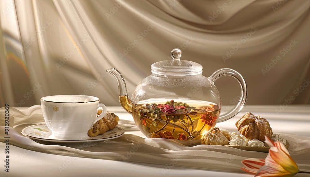 Poster A tea set with a teapot and a cup of tea is on a table