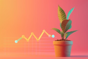 Obraz premium A plant is growing in a pot next to a graph with a downward trend