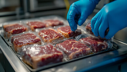Fresh meat being packaged in vacuum seal, emphasizing hygiene and quality in food preparation.