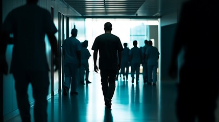 Fototapeta premium Purposeful healthcare worker in hospital corridor, surrounded by medical staff, conveying urgency and dedication