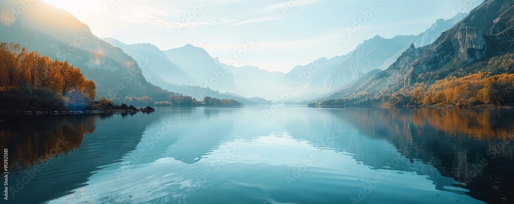 Poster Serene lake with a reflection of mountains, 4K hyperrealistic photo