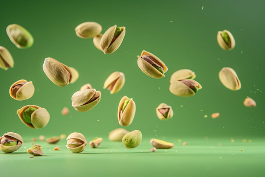 Healthy food snack levitate for advertisement concept. Flying levitating in air fresh raw whole and cracked pistachios nuts isolated on green background
