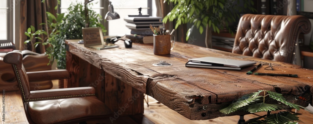 Sticker Rustic home office with a reclaimed wood desk, leather chair, and natural elements, 4K hyperrealistic photo