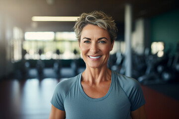 Fototapeta premium Beautiful elderly people attending gym having healthy lifestyle way of life, modern indoors sports space, Generative AI