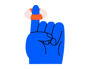Hand drawn cute cartoon illustration hand with lifebuoy on finger. Flat vector little safety buoy on arm sticker doodle. Support or help icon. Protection or assistance. Business risks. SOS. Isolated.