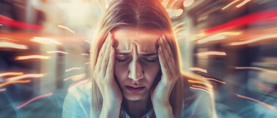 Fototapeta premium A stressed woman with her hands on her head, overwhelmed by her surroundings, as light streaks blur around her.