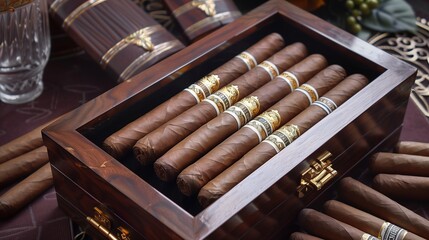 Cuban Cigars Arranged in Wooden Box - Luxurious Tobacco Collection