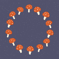 Fly agaric wreath vector illustration. Cute poisonous inedible red mushrooms with white dots. Whimsical autumn round frame. Cartoon toadstool fungus on dark background for seasonal Halloween design