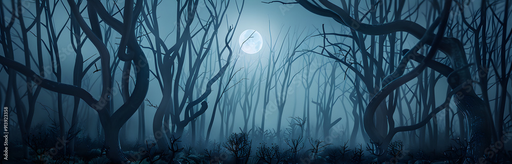 Canvas Prints Gloomy moonlight filters through twisted trees in an eerie haunted forest