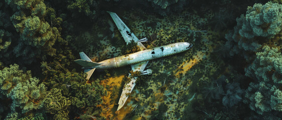 Naklejka premium An aerial view of an abandoned airplane wreckage enveloped by dense, green forest, creating a haunting yet captivating scene of nature reclaiming what remains.