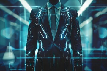 A man of the future in a state-of-the-art cybernetic suit. The concept of cybernetics