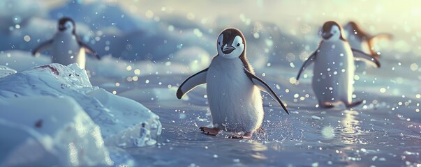 Playful penguins on the ice, 4K hyperrealistic photo