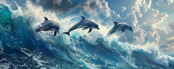 Obraz premium Playful dolphins jumping through the waves, 4K hyperrealistic photo