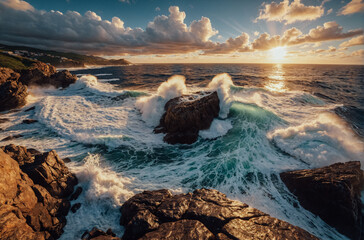 Obraz premium Dramatic seascape: ocean shore waves crashing on rocks with spray in the rays of the setting sun.