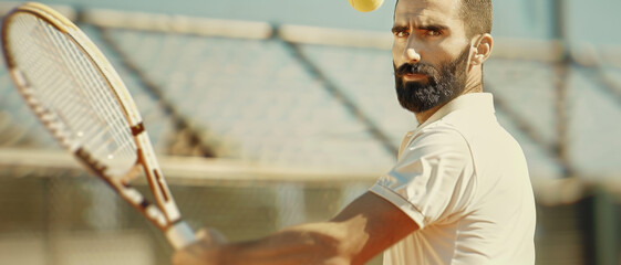 A tennis player intensely focusing on an incoming ball during a sunny match, capturing the essence of athleticism and precision.