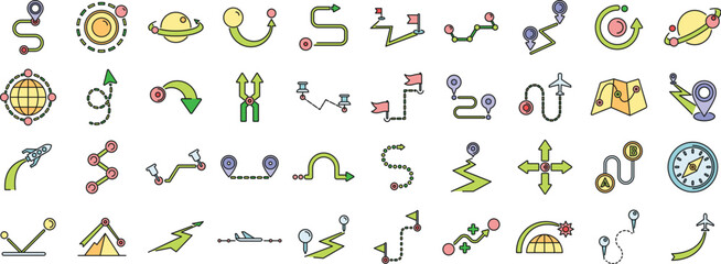 Trajectory icons set outline vector. Road compass. Earth gps thin line color flat on white