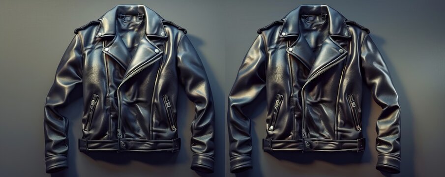 Pair of stylish leather jackets, 4K hyperrealistic photo