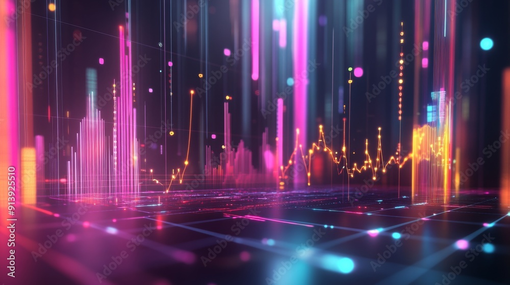 Leinwandbilder futuristic 3d financial graph with abstract shapes and glowing data indicators.