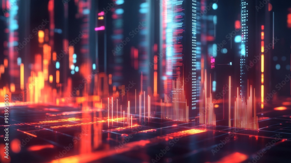 Aufkleber Futuristic 3D financial graph with abstract shapes and glowing data indicators.