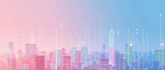 A dreamy, pastel-colored digital depiction of a futuristic city skyline with glowing lines and dots representing high-tech connectivity.