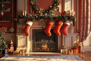 A fireplace with a wreath and four red stockings hanging from it