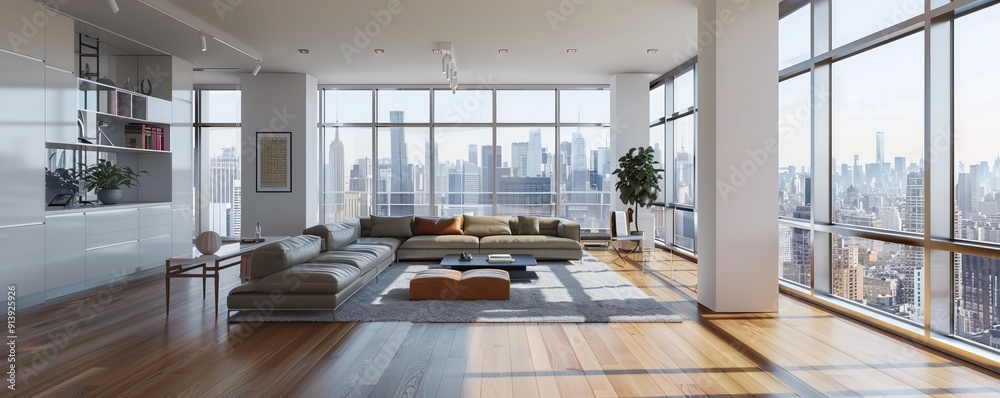 Poster Modern minimalist living room with floor-to-ceiling windows and city views, 4K hyperrealistic photo