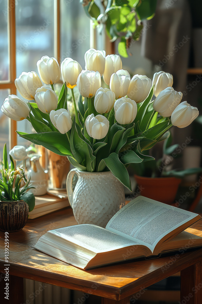 Poster elegant depiction of a study desk, with an open book and a vase of tulips in a warm, inviting space,