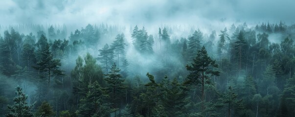 Misty morning fog shrouding a mysterious forest, 4K hyperrealistic photo